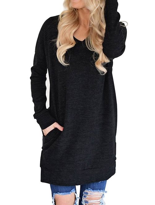 Women V-Neck Long Sleeves Pure Color Pocket Sweatshirt