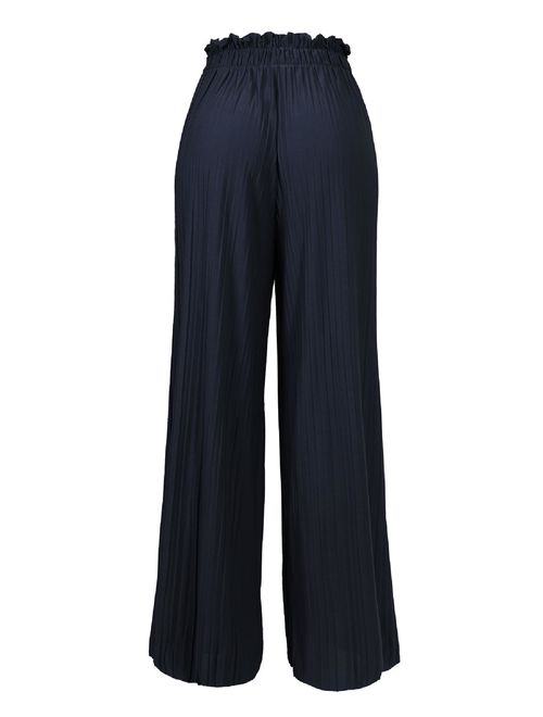 Made by Olivia Women's Ribbon Tie Chiffon Loose Pleated Wide Leg Palazzo Pants Navy Blue ONE