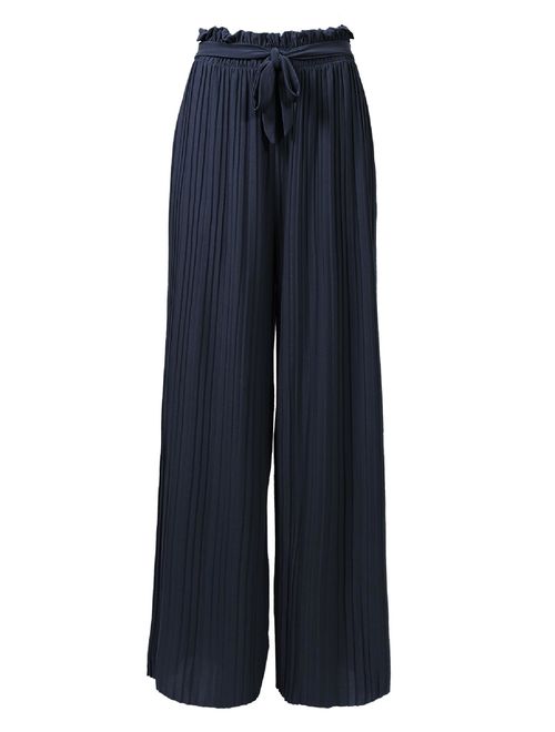 Made by Olivia Women's Ribbon Tie Chiffon Loose Pleated Wide Leg Palazzo Pants Navy Blue ONE