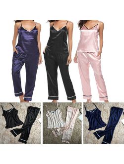 2PCS Women Lady Silk Satin Pajamas 2PCS Sets Pyjama Sleepwear Nightwear Loungewear Homewear