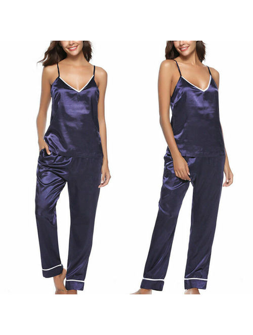 2PCS Women Lady Silk Satin Pajamas 2PCS Sets Pyjama Sleepwear Nightwear Loungewear Homewear