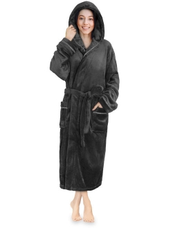 Women Fleece Robe with Hood,Satin Trim|Luxurious Soft Plush Bathrobe,Black,L/XL