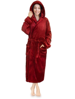 Women Fleece Robe with Hood,Satin Trim|Luxurious Soft Plush Bathrobe,Black,L/XL