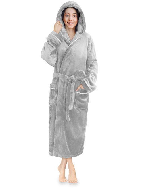 Women Fleece Robe with Hood,Satin Trim|Luxurious Soft Plush Bathrobe,Black,L/XL