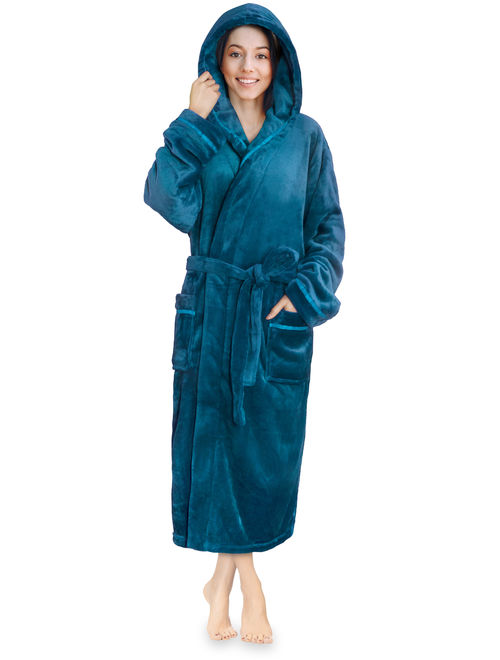 Women Fleece Robe with Hood,Satin Trim|Luxurious Soft Plush Bathrobe,Black,L/XL