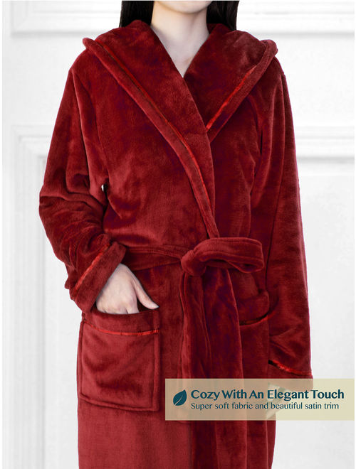 Women Hooded Fleece Robe with Satin Trim | Plush Bathrobe with Hood Knee Length