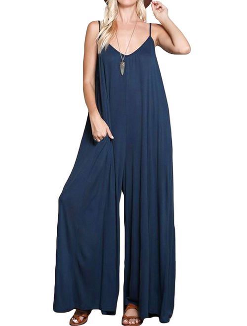 Ladies Strap V Neck Side Pockets Wide Legs Drop-Crotch Baggy Jumpsuits