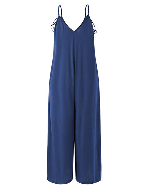 Ladies Strap V Neck Side Pockets Wide Legs Drop-Crotch Baggy Jumpsuits