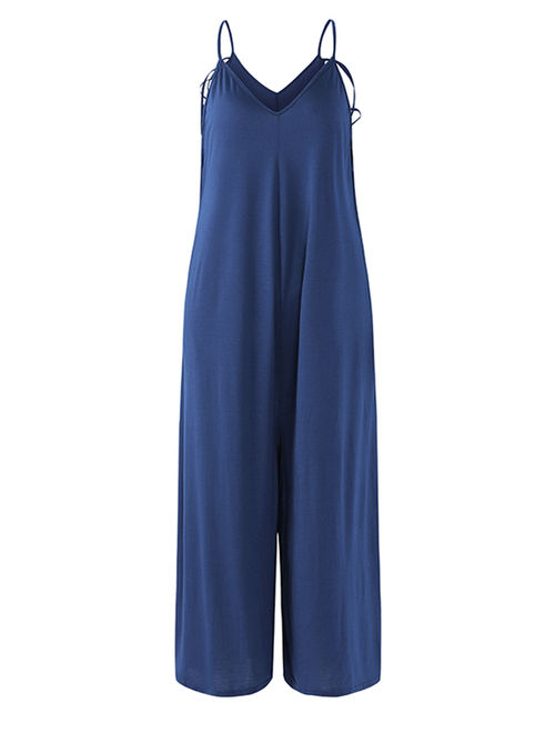 Ladies Strap V Neck Side Pockets Wide Legs Drop-Crotch Baggy Jumpsuits