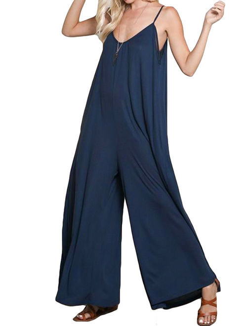 Ladies Strap V Neck Side Pockets Wide Legs Drop-Crotch Baggy Jumpsuits