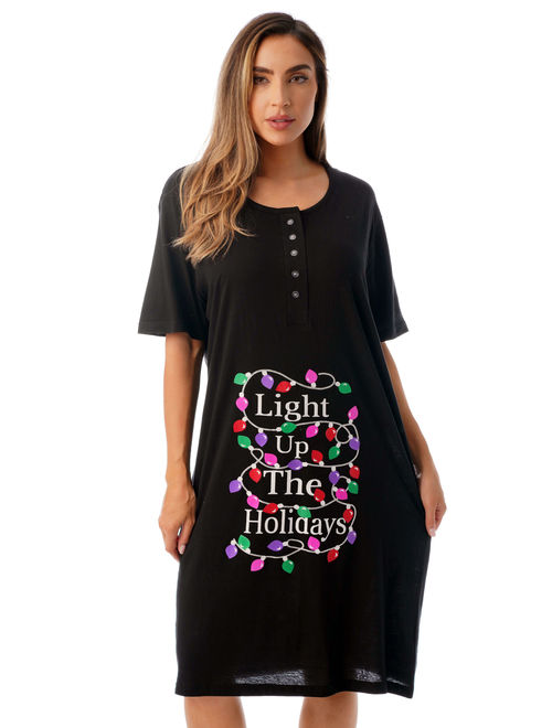 Christmas Screen Print Cotton Nightgown (Black - Candy Cane Wishes, 1X)