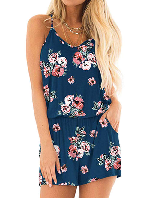 STARVNC Women V Neck Sleeveless Floral Printed Open Back High Waist Playsuit Romper