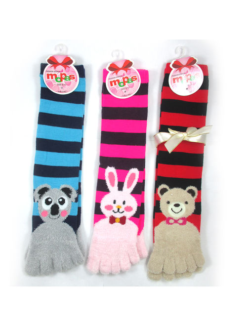 ToeSox 1 Pair Calf Length Funny Feet Animal Women's Striped Toe Socks Size 9-11