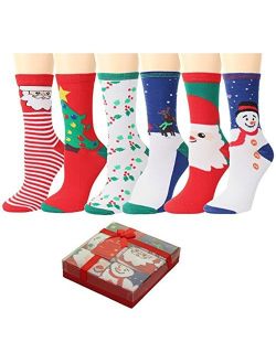 GILBIN'S Women Christmas Holiday Design Crew Casual Socks 6 Pairs, Gift Box Packaged With Gift Card (Size 9-11)