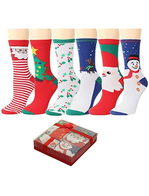 GILBIN'S Women Christmas Holiday Design Crew Casual Socks 6 Pairs, Gift Box Packaged With Gift Card (Size 9-11)