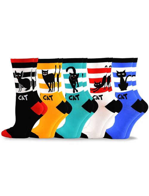 TeeHee Women's Fun Cats Cotton Crew Socks 5-Pack