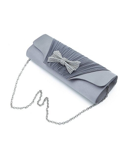 Elegant Pleated Satin Flap Rhinestones Bow Clutch Evening Bag