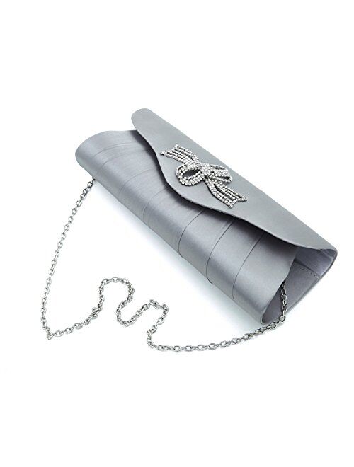 Elegant Satin Flap Rhinestones Flower Ribbon Clutch Evening Bag