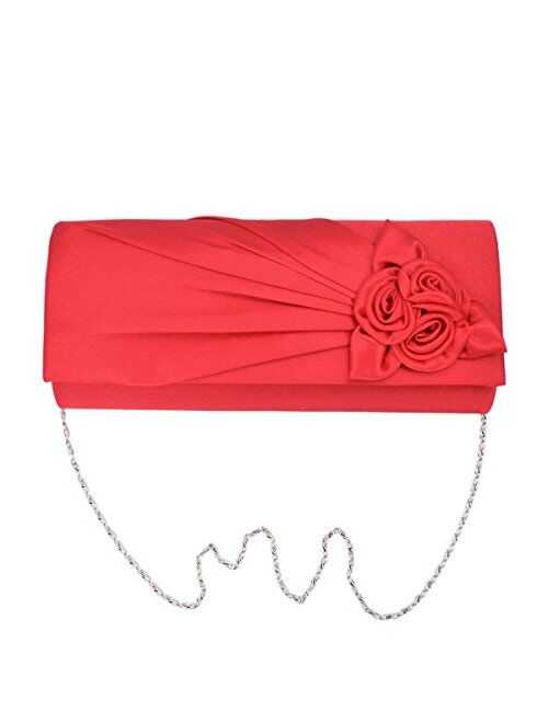 Premium Rose Floral Pleated Satin Flap Clutch Evening Bag