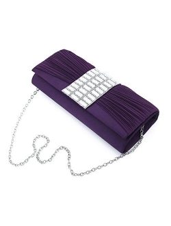 Elegant Pleated Satin Flap Crystal Rhinestones Clutch Evening Bag