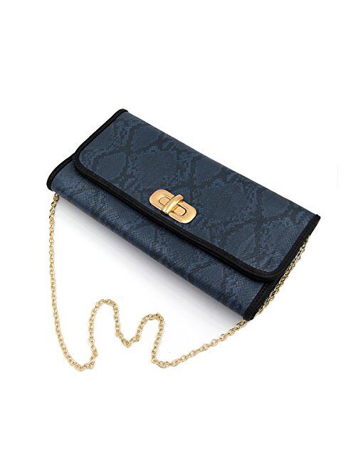 Premium Snakeskin PU Leather Turnlock Flap Handbag Clutch Bag