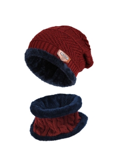 Mens Womens Knitted hat-Fitbest Mens Womens Warm Knitted Hat and Circle Scarf with Fleece Lining 2 Pieces/Set Winter Autumn Warm Hat Scarf