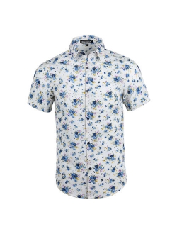 Men's Short Sleeve Button Front Floral Print Cotton Hawaiian Shirt