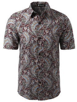 Men's Short Sleeve Button Front Floral Print Cotton Hawaiian Shirt