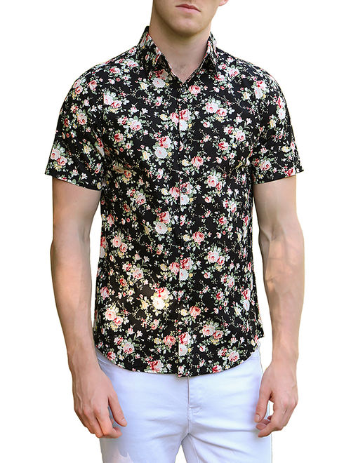 Men's Short Sleeve Button Front Floral Print Cotton Hawaiian Shirt