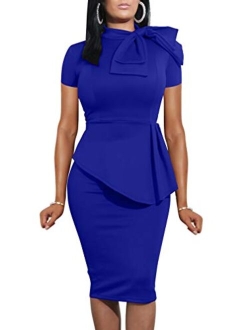 Women Fashion Peplum Bodycon Short Sleeve Bow Club Ruffle Pencil Office Party Dress