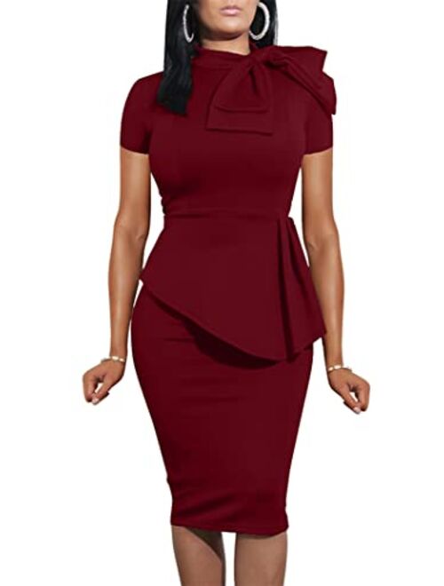 LAGSHIAN Women Fashion Peplum Bodycon Short Sleeve Bow Club Ruffle Pencil Office Party Dress