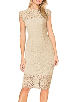 Women's Sleeveless Lace Floral Elegant Cocktail Dress Crew Neck Knee Length for Party