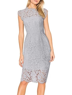 Women's Sleeveless Lace Floral Elegant Cocktail Dress Crew Neck Knee Length for Party