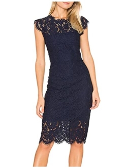 Women's Sleeveless Lace Floral Elegant Cocktail Dress Crew Neck Knee Length for Party