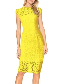 Women's Sleeveless Lace Floral Elegant Cocktail Dress Crew Neck Knee Length for Party