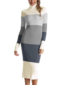 Rocorose Women's Turtleneck Ribbed Elbow Long Sleeve Knit Sweater Dress