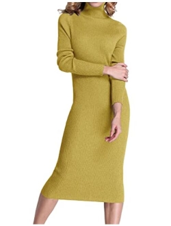 Rocorose Women's Turtleneck Ribbed Elbow Long Sleeve Knit Sweater Dress