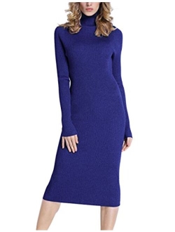 Rocorose Women's Turtleneck Ribbed Elbow Long Sleeve Knit Sweater Dress