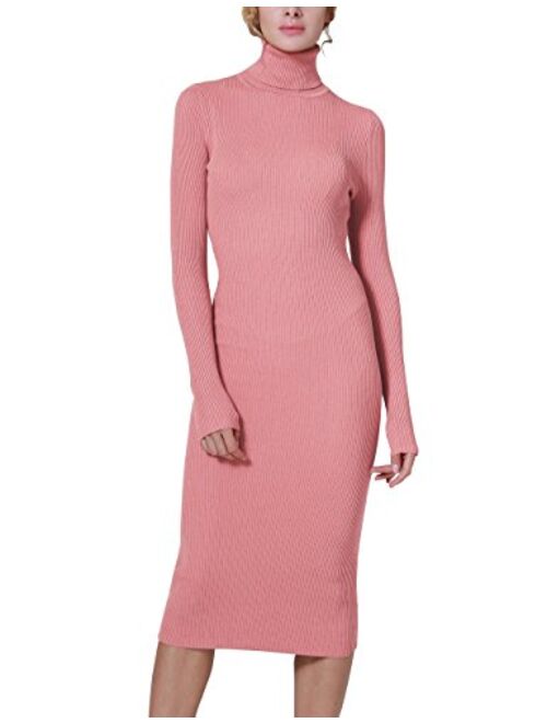 Rocorose Women's Turtleneck Ribbed Elbow Long Sleeve Knit Sweater Dress