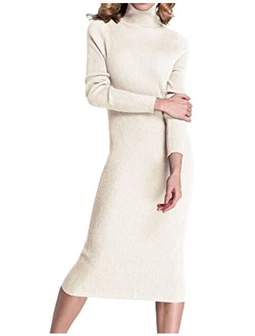 Rocorose Women's Turtleneck Ribbed Elbow Long Sleeve Knit Sweater Dress