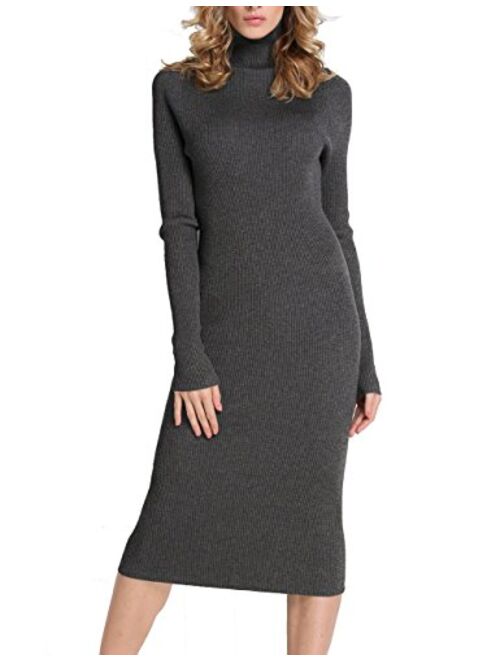 Rocorose Women's Turtleneck Ribbed Elbow Long Sleeve Knit Sweater Dress