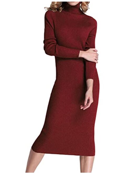 Rocorose Women's Turtleneck Ribbed Elbow Long Sleeve Knit Sweater Dress