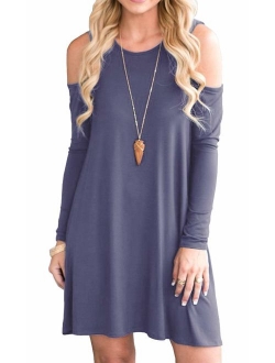 QIXING Women's Summer Cold Shoulder Tunic Top Swing T-Shirt Loose Dress with Pockets