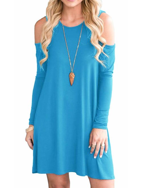 QIXING Women's Summer Cold Shoulder Tunic Top Swing T-Shirt Loose Dress with Pockets