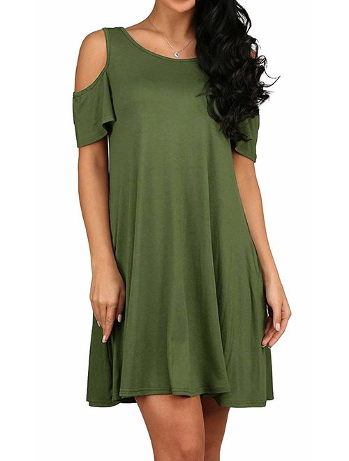 QIXING Women's Summer Cold Shoulder Tunic Top Swing T-Shirt Loose Dress with Pockets