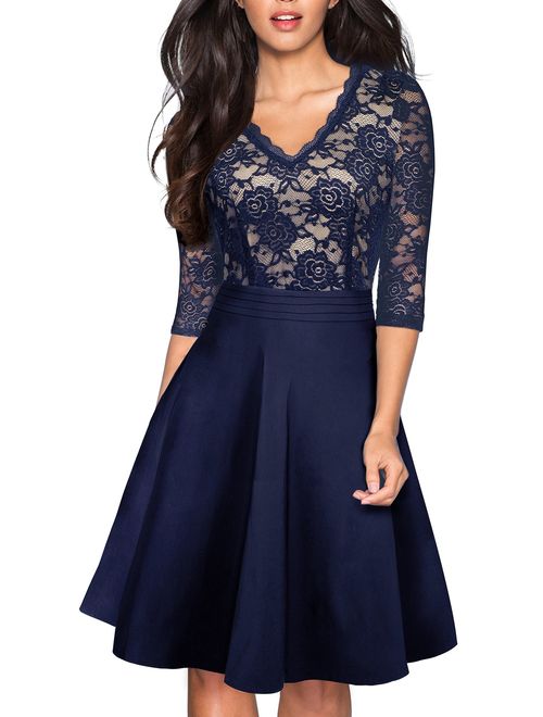 HOMEYEE Women's Chic V-Neck Lace Patchwork Flare Party Dress A062