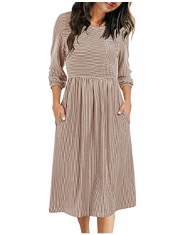 Women's 3/4 Balloon Sleeve Striped High Waist T Shirt Midi Dress with Pockets