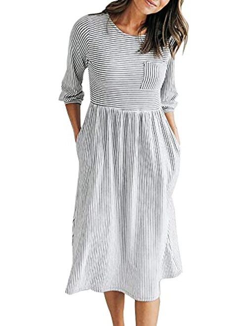 MEROKEETY Women's 3/4 Balloon Sleeve Striped High Waist T Shirt Midi Dress with Pockets