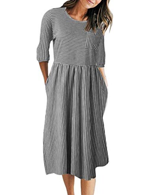 MEROKEETY Women's 3/4 Balloon Sleeve Striped High Waist T Shirt Midi Dress with Pockets