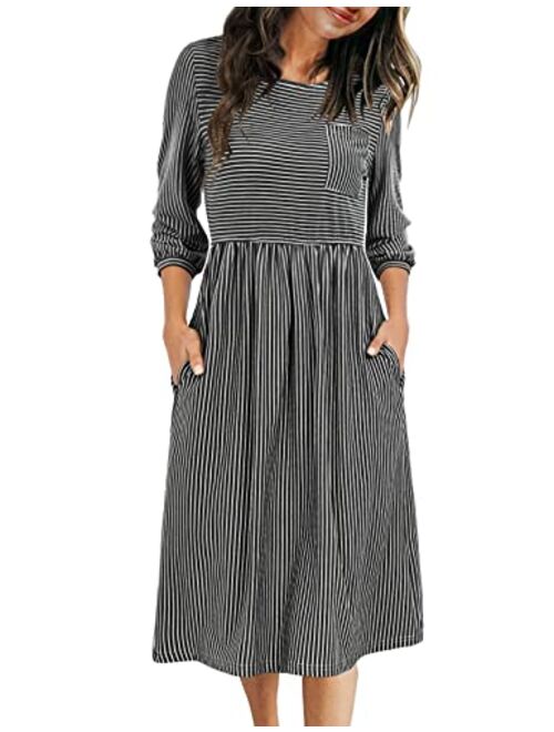 MEROKEETY Women's 3/4 Balloon Sleeve Striped High Waist T Shirt Midi Dress with Pockets